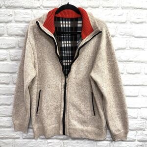 YeoKou Mens Cashmere Wool Mock Neck Full Zip Sweater Size XL Plaid Fleece Lined